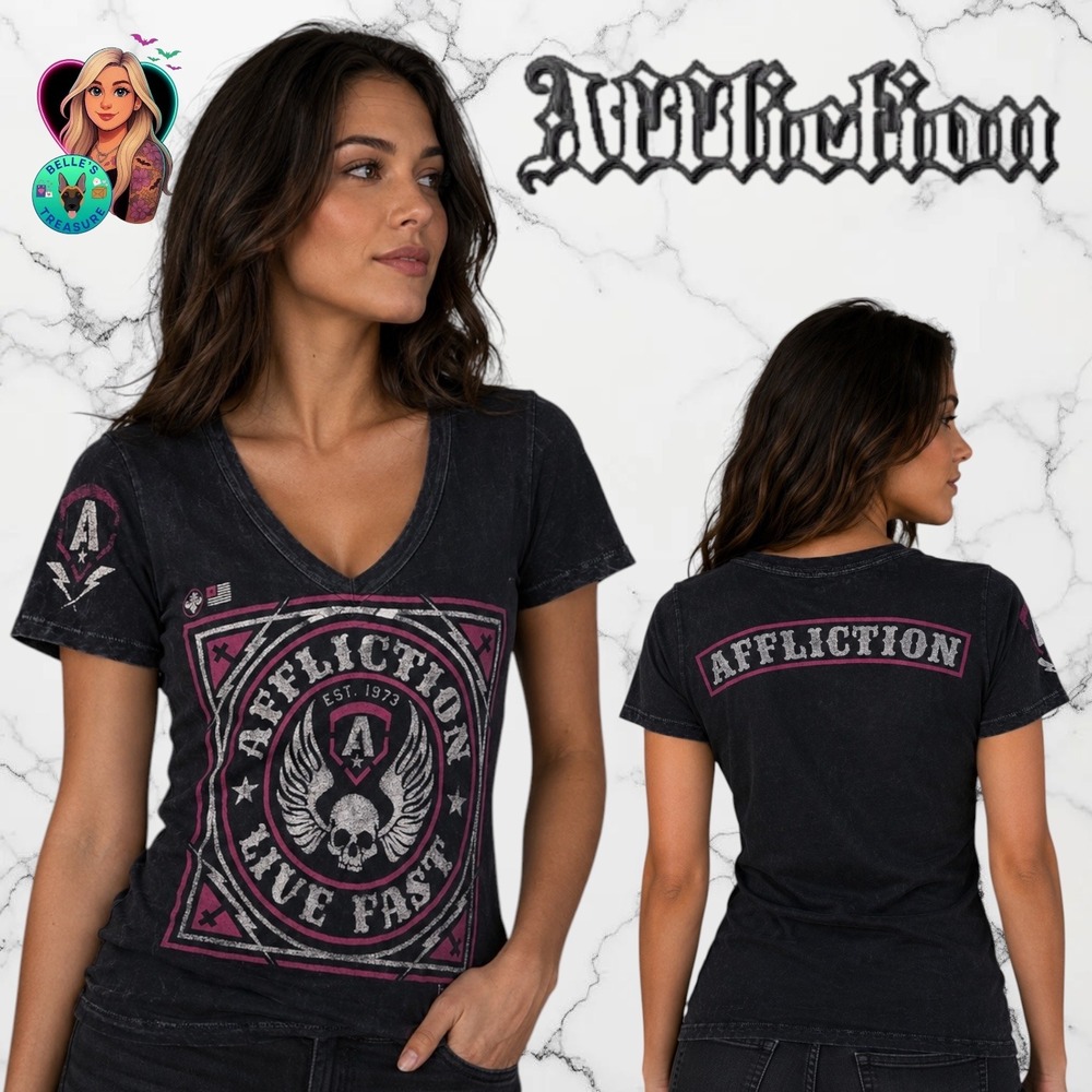 Affliction Women's Small Live Fast V-Neck Graphic T-Shirt Black Pink Skull‎ Wing